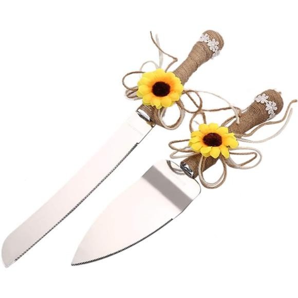 Rustic Wedding Cake Knife and Serving Set with Sunflower Burlap Lace Wedding - Picture 1 of 6